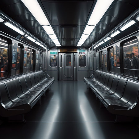 Empty subway train interior in diminishing perspective, generative AI illustrationの素材