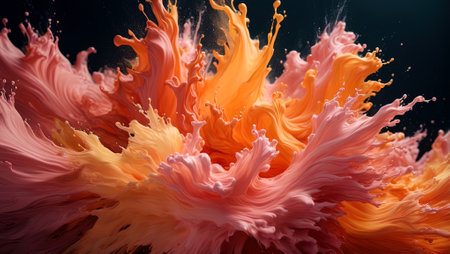 Dynamic peach fuzz color fluid splashing and spraying, abstract background, generative AI illustrationの素材