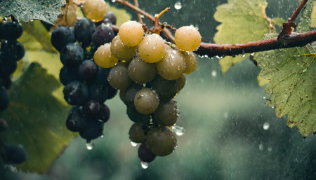 Ripe grapes in vineyard on rain, generative AI illustrationの素材