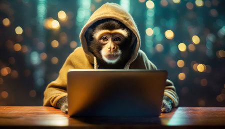 Capuchin monkey as computer hacker, generative ai illustrationの素材