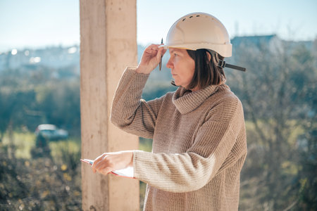 Female architect making notes and remarks during building site inspection, selective focusの写真素材