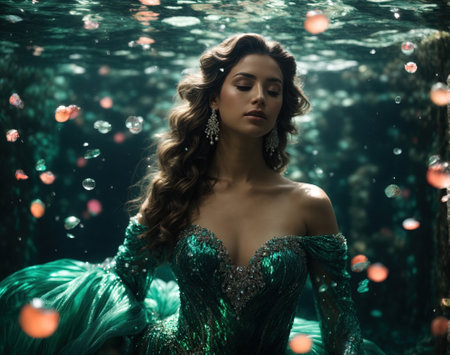 Beautiful mermaid underwater in the sea, generative AI illustrationの素材