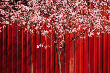 Cherry tree pink blossom against vibrant red wall in spring, selective focusの写真素材