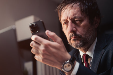 Businessman using smartphone late at night in business office, selective focus