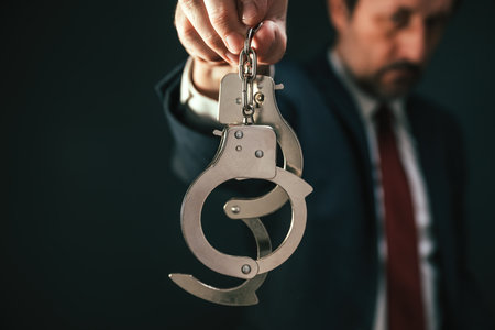 Police detective investigator holding handcuffs during criminal arrest, selective focusの写真素材