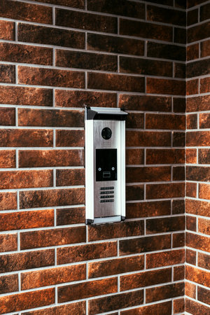 Modern intercom device at residential building entrance door with camera and dial keypad lock,...