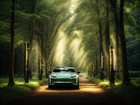 Electric vehicle EV charging station in green forest, generative AI illustrationの写真素材