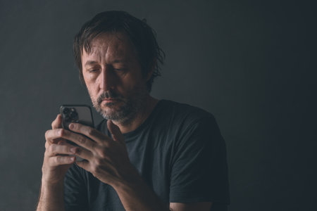 Wasting time and curing boredom while browsing internet social media content on smartphone, selective focusの写真素材