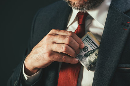 Politics and bribery, corrupted politician putting money in his suit pocket, selective focus