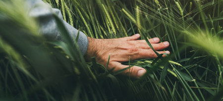 Closeup of farmer's hand gently touching green ripening barley ears in cultivated field, concept of organic agricultural production of cereal crops, selective focusの写真素材