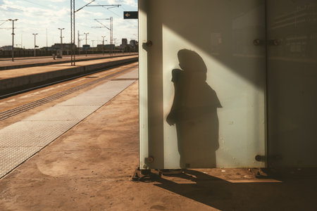 Shadow of unrecognizable human on the glass wall of the train station, selective focusの写真素材