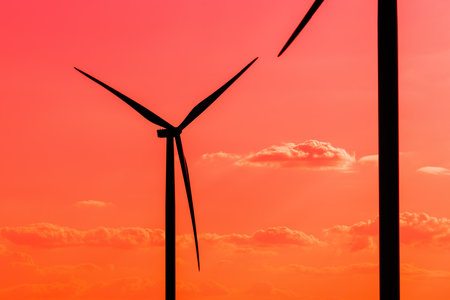 Wind farm in summer sunset, silhouette of wind turbines against vibrant skyの写真素材