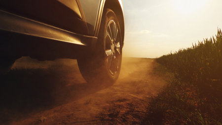 Car driving on countryside dirt road, low angle view with selective focus