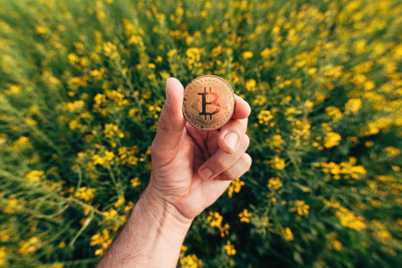 Farmer holding Bitcoin cryptocurrency coin in canola rapeseed field,s elective focusの写真素材