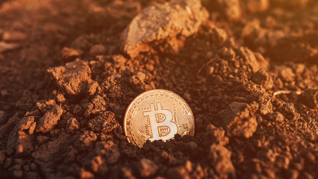Bitcoin in plowed agricultural field soil, selective focus
