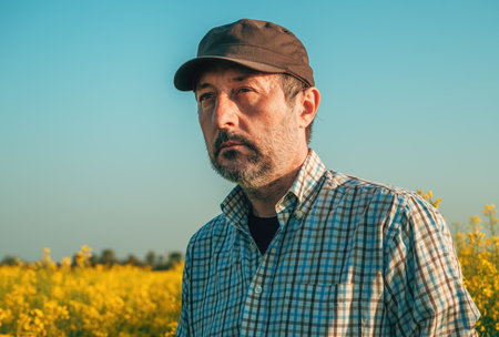 Farmer with eyes irritated by allergy posing in blooming canola field, selective focusの写真素材