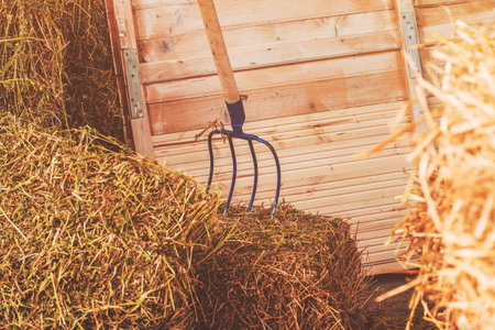 Farm fork in hay bale, selective focus