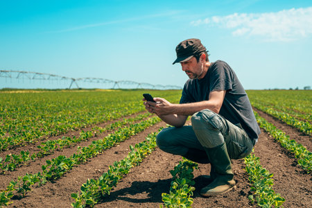 Squatting farmer using smartphone in cultivated soybean seedling field, selective focusの写真素材