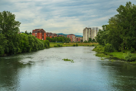 West Morava river flowing through Cacak town in Central Serbia, selective focusの写真素材