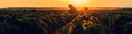 Farm worker using smartphone in cultivated soybean field in summer sunset, selective focusの写真素材