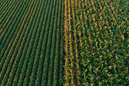 Aerial shot of cultivated soybean and corn field from drone pov, high angle view
