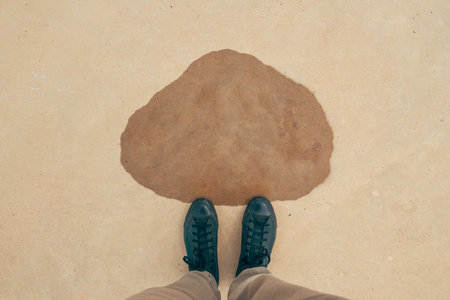 Feet from above, man wearing black sneakers standing on the concrete surface over water pond, top...