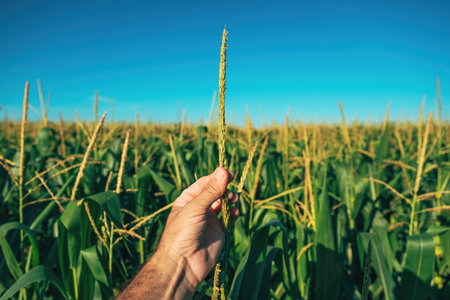 Farmer examining tasseling corn plant in field, selective focusの写真素材