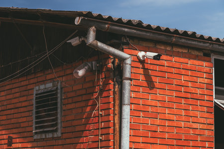 Old farm building with electrical fan, outdoor lightbulb and security camera,s elective focus