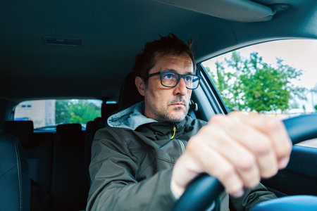 Cautious driver wearing eyeglasses looking carefully at the road ahead while driving the car,...