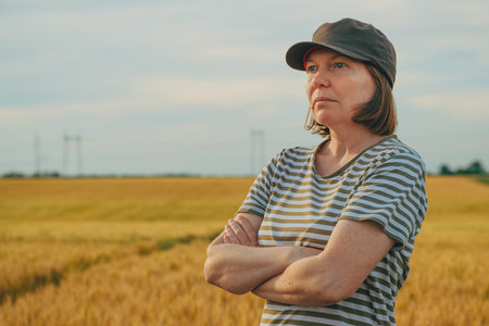 Portrait of female farmer with trucker's hat standing in ripe wheat crop field with arms crossed and looking over harvest ready plantation, selective focusの写真素材