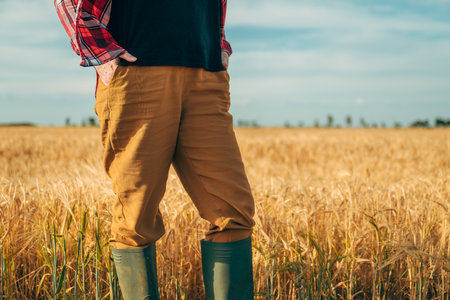 Female farmer posing in ripe wheat plantation field ready for harvest, selective focusの写真素材