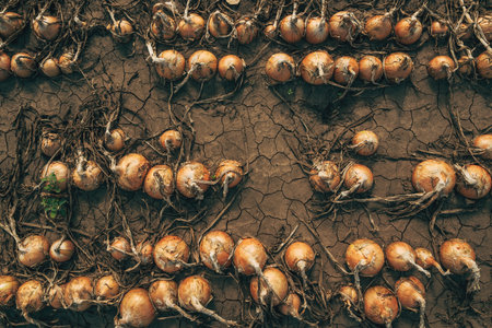Ripe onion drying on plantation field, top viewの写真素材
