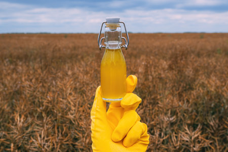 Farm worker holding a bottle of edible rapeseed oil in field, selective focusの写真素材