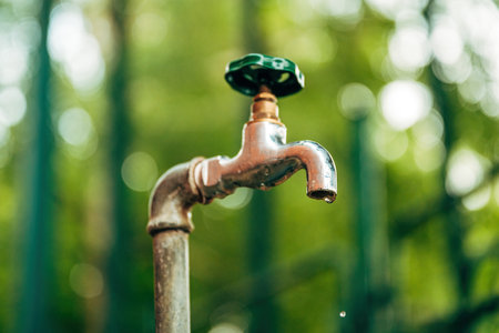 Water supply, outdoor garden faucet with green handle and water dripping, selective focus