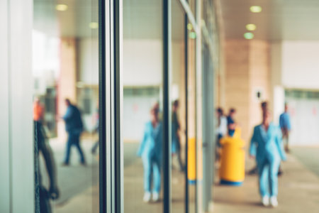 People in front of office building with glass walls, selective focusの写真素材