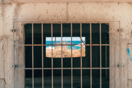 Old abandoned industrial building, windows protected with steel bars, selective focusの写真素材