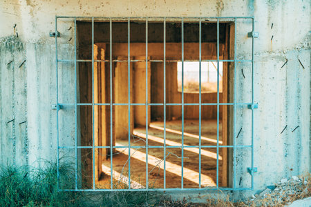 Old abandoned industrial building, windows protected with steel bars, selective focusの写真素材