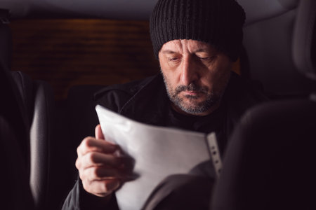 Serious contemplative man reading letter while sitting at the back seat of the car at night, selective focusの写真素材
