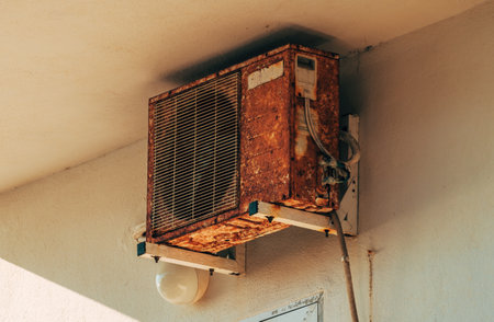 Old rusty air conditioner external unit, selective focusの写真素材
