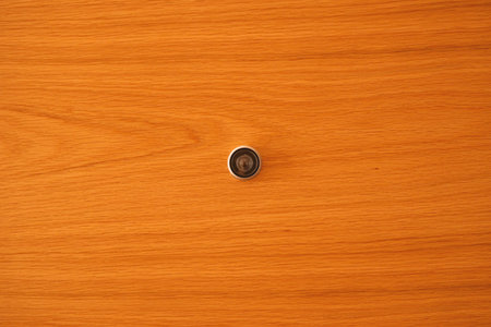 Veneer wood door peephole with copy space as background