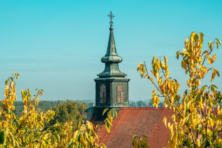 Catholic church tower in Petrovaradin, Novi Sad. Selective focus.
