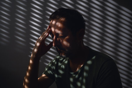 Photophobia or light sensitivity concept, intolerance to light that causes discomfort or pain. Selective focus.の写真素材