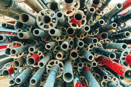 Stack of used worn galvanized steel scaffold tubes and pipes on construction site, selective focus