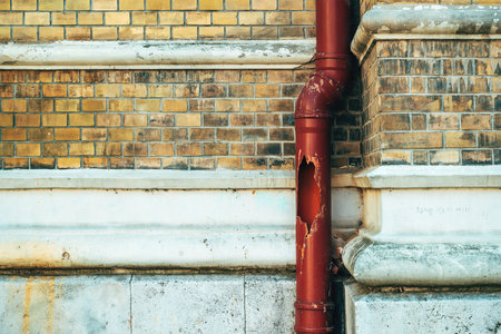 Damaged gutter downspout against brick wall as backgroundの写真素材