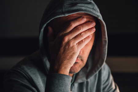 Face palm, man with hoodie covering face in dark room, selective focusの写真素材