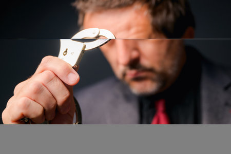 Police detective investigator with handcuffs, selective focusの写真素材