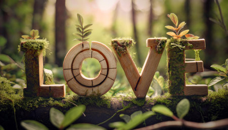 Word LOVE made of wood and branches in forest, generative aiの素材