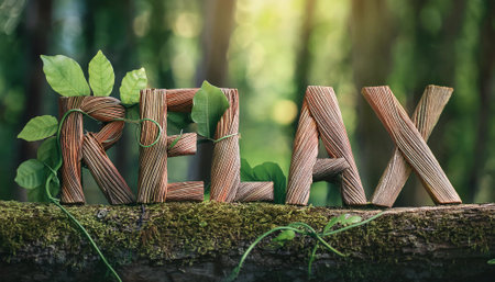 Word RELAX made of wood in forest, generative aiの素材