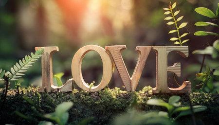Word LOVE made of wood and branches in forest, generative aiの素材