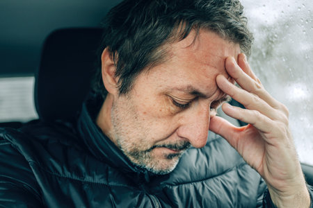 Concerned male driver sitting in a car on cold winter snowy day, selective focusの写真素材
